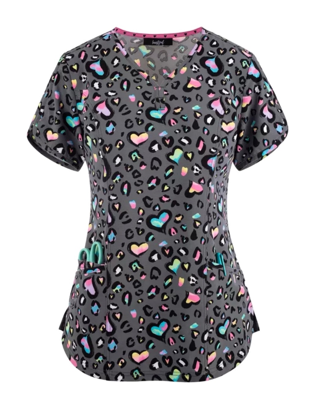 HeartSoul Gray Scrub Top with Multicolor Heart & Leopard Print - Medium